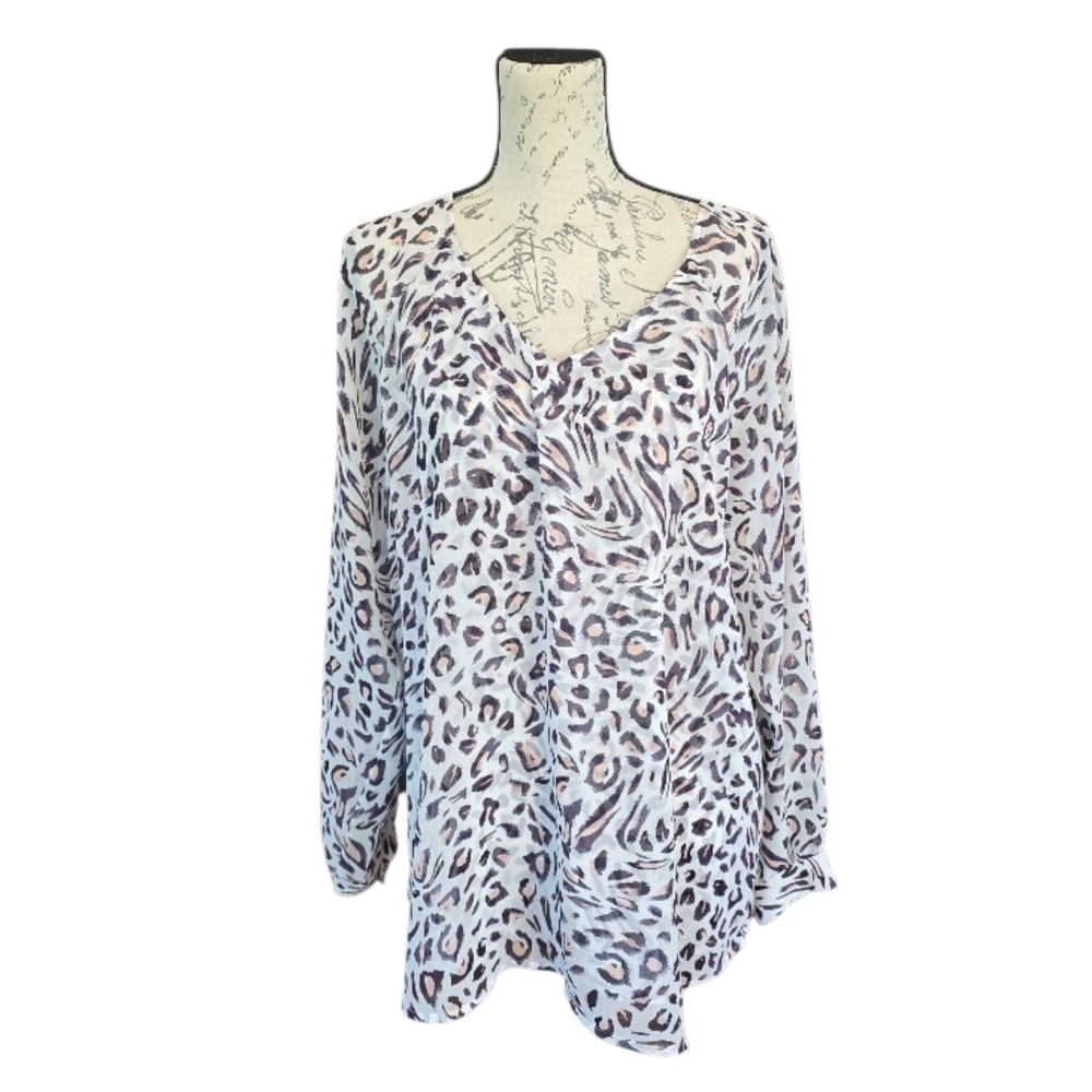 Cabi Glamour Long Sleeve Black Light Pink Animal Print Blouse L
